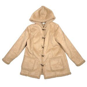 LL Bean Womens Faux Suede Sherpa Coat Penny Lane Hooded Jacket Tan Toggle READ